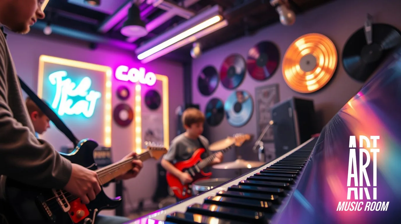 Alumnos tocando la guitarra eléctrica y la batería en el aula de Art Music Room